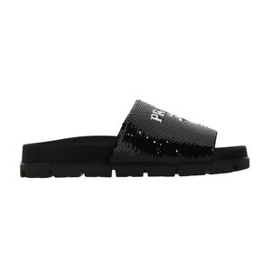 Prada Black Sequin White Logo Slide Sandal Slip On Pool Flip Flop Flat 38.5